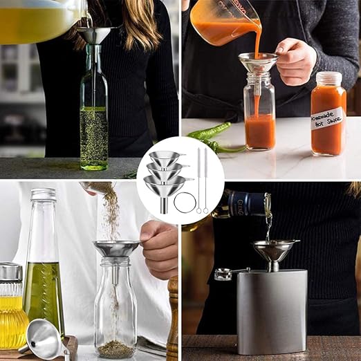 3-Piece Stainless Steel Kitchen Funnel Set for Filling Bottles, Food Grade, Versatile Sizes (Large, Medium, Small), Includes 2 Cleaning Brushes