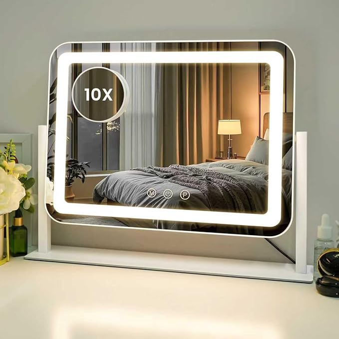 Lighted Makeup Mirror,18" x 14" Led Vanity Mirror with with 3 Color Modes & Adjustable Brightness,Smart Touch Control,360 Degree Rotation,for Dressing Room & Bedroom,AC-Powered, Metal Frame Design