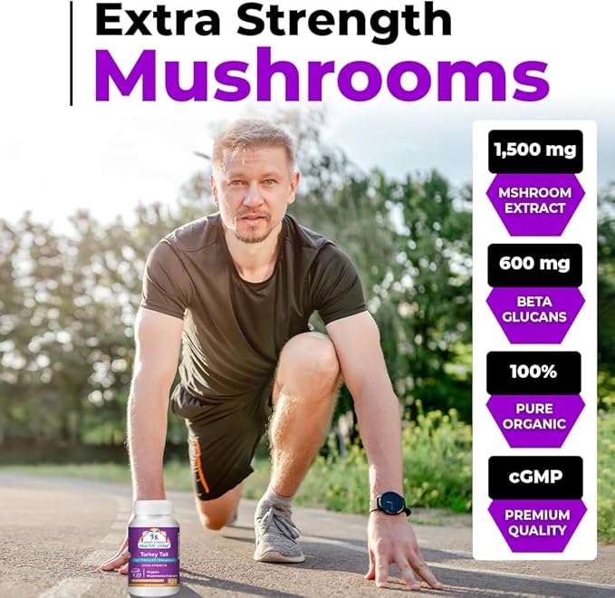 CANCER SCIENCES Turkey Tail Wellness Mushrooms Supplement, USDA Certified Organic Extract, Extra Strength 1,500 mg, High Potency 40% Beta-Glucans, Gut & Immune Support, Natural Digestive, 120 Capsules