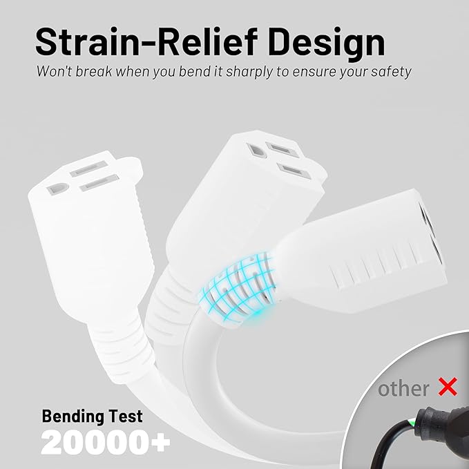10 Ft 13A 1625W 16AWG White Indoor Outdoor Extension Cord Waterproof, Extension Cord with 3 Prong Grounded Plug, Flexible Weatherproof Power Cable, SJTW