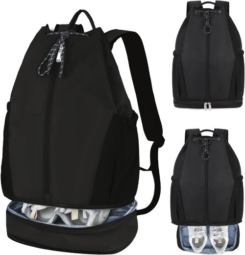 Mygreen Gym Drawstring Backpack - Waterproof Sports Bag with Shoe Compartment | Lightweight, Breathable, Large Capacity, Foldable Design in Black