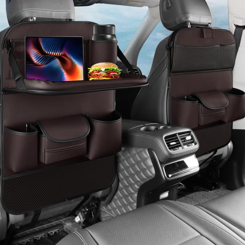 2PCS Car Backseat Organizer Seat Back Protectors Kick Mats with Foldable Table Tray, PU Leather Car Storage Organizer with Tablet Holder, Car Tissue Holder Kids Toys Storage Travel Accessories (Black)