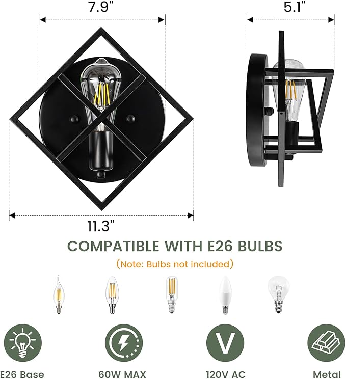 Farmhouse Wall Sconce with Black Finish,Set of 2 Rustic Wall Sconces Indoor Wall Light Fixtures 11.3in for Stairway, Living Room, Bedroom, Bathroom (1 Light,E26 Base, No Bulbs)