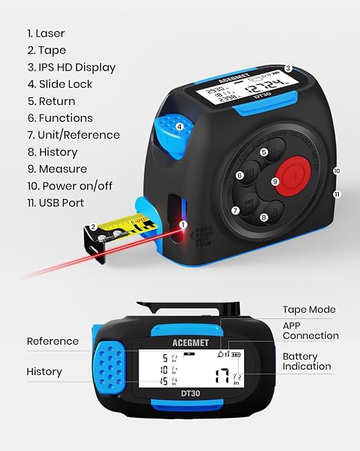ACEGMET DT30 Digital Tape Measure, 131ft Laser&16ft Tape, ±1/16" Precision |