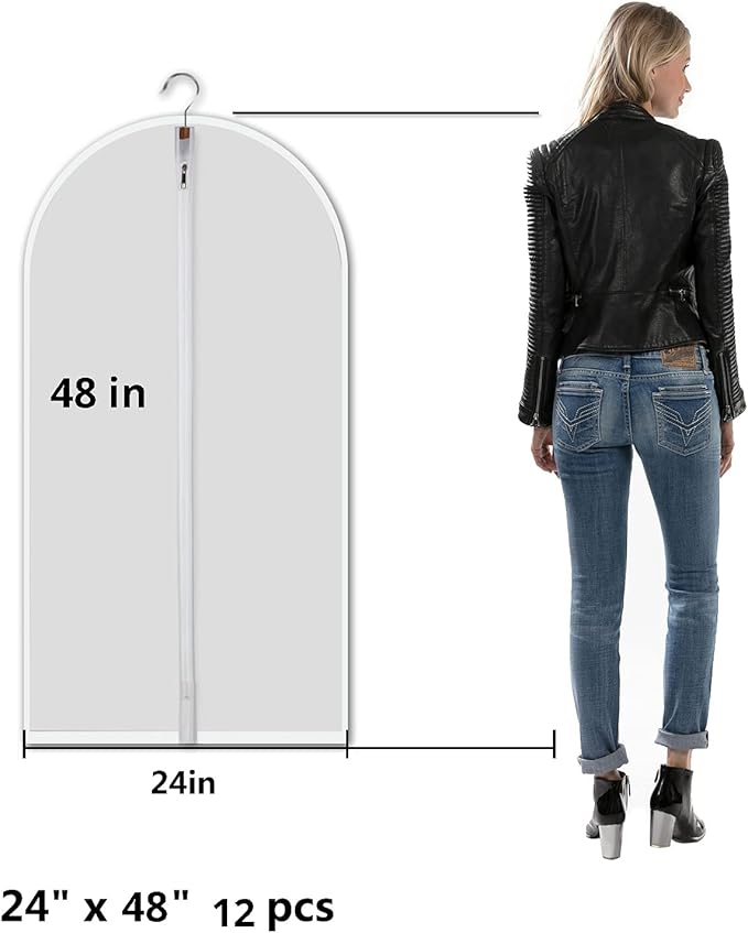 Clear Garment Bags Hanging Clothes Bags (Set of 12) for Closet Storage Plastic Bag with Zipper for Suit, Sweaters Travel Laundry Wardrobe Closet Garment Dust Cover Bags - 24'' x 48''/12 Pack