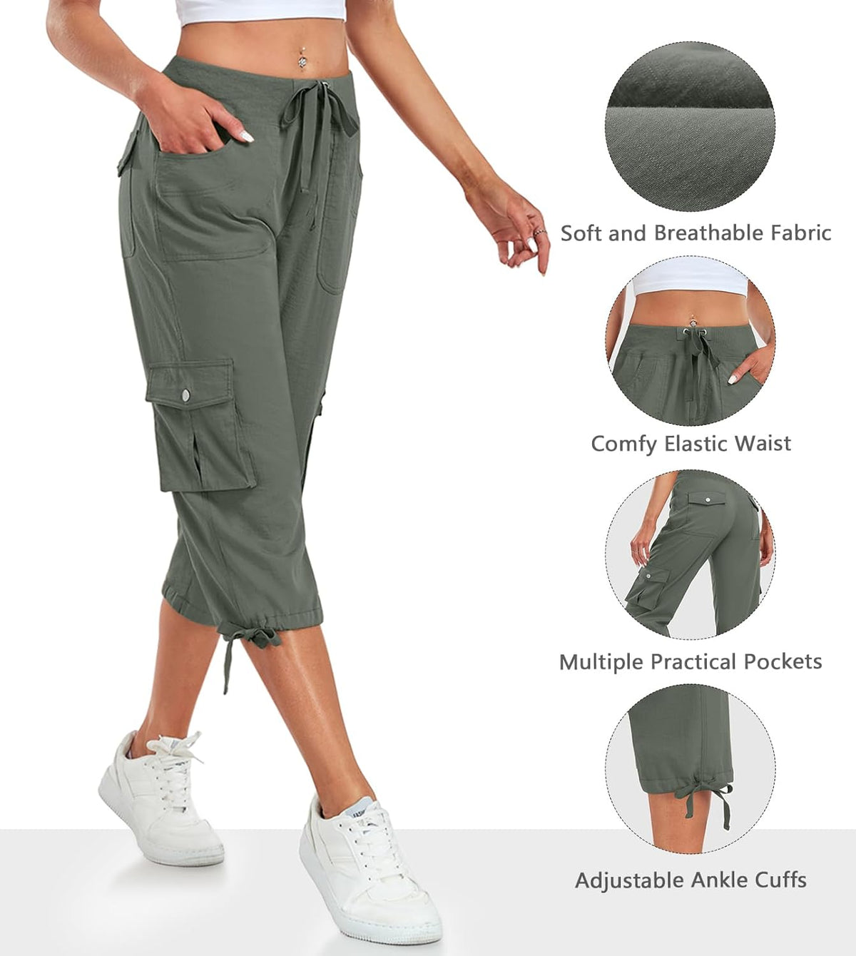 Skiennix Women's Cargo Capris Pants - Lightweight Quick-Dry Hiking Pants with 6 Pockets | Casual Outdoor Travel