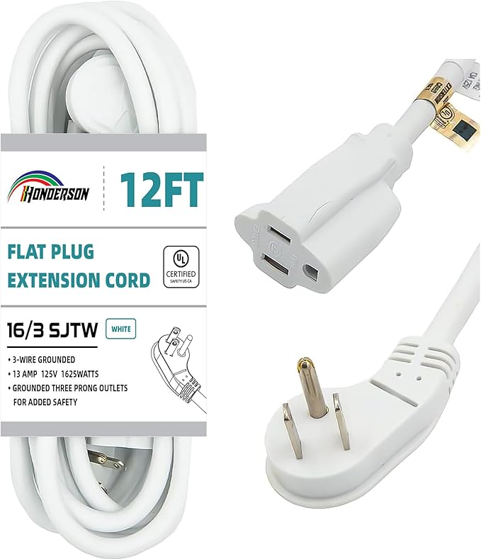 Flat Plug Indoor Extension Cord, UL Listed, 16 Gauge 12FT White 3 Prong Heavy Duty, 16/3 SJTW 13A Power Cord for Lights, Appliances, Home