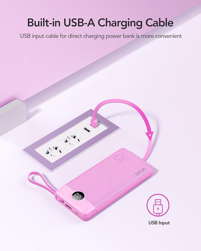 VRURC Portable Charger 10000mAh, Travel Essentials Battery Pack, 5 Output 2 Input Power Bank, Built-in Micro & USB C Cables Phone Charger for iPhone 17 Pro 17 16 15 14 13,Android-Purple(1 Pack)
