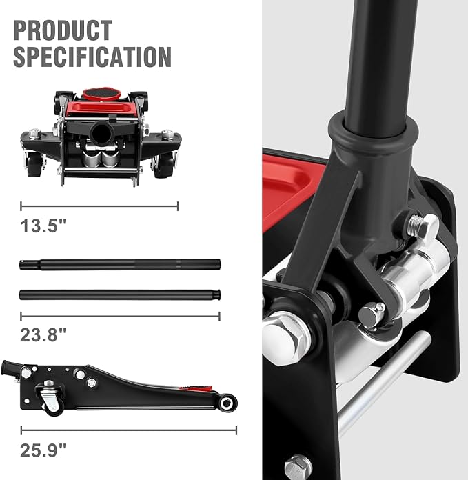 PM PERFORMOTOR Low Profile Hydraulic Trolley Service/Floor Jack, 3 Ton (6000 lbs) Capacity, Lifting Range 3"-20",Black,PM-TOL-FJ30-BK