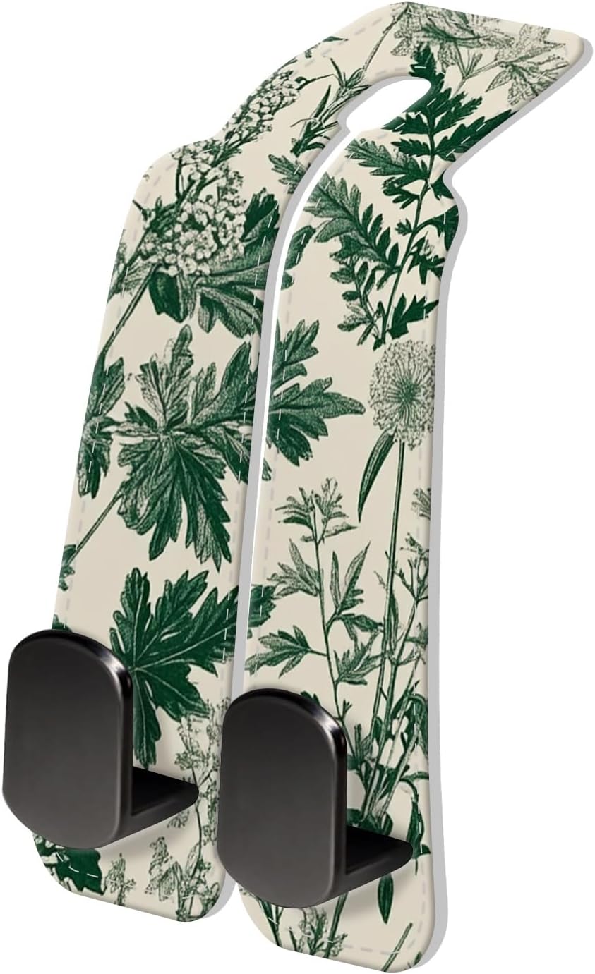 PU Leather Car Seat Hook, Storage Headrest Hanger, Cute Car Backseat Organizer, Car Hooks For Purses and Bags Green Floral