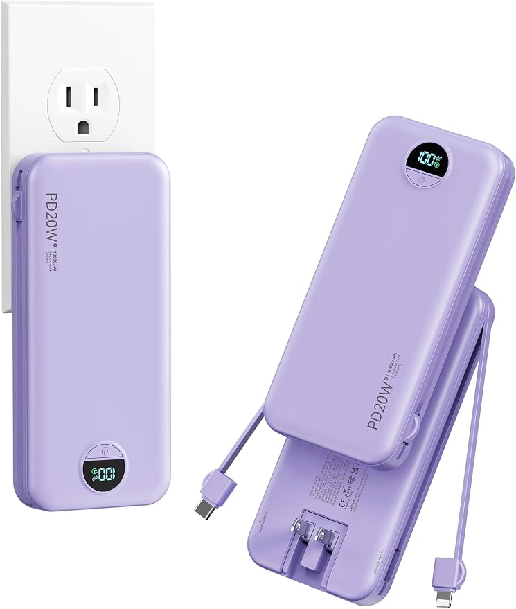 10000mAh Ultra-Portable-Charger-Power-Bank with Built in Cables&AC Wall Plug, PD20W USB-C Fast Charging Cell Phone Charger Battery Pack,LED Display Travel Battery Bank for All iPhone,Samsung,Android