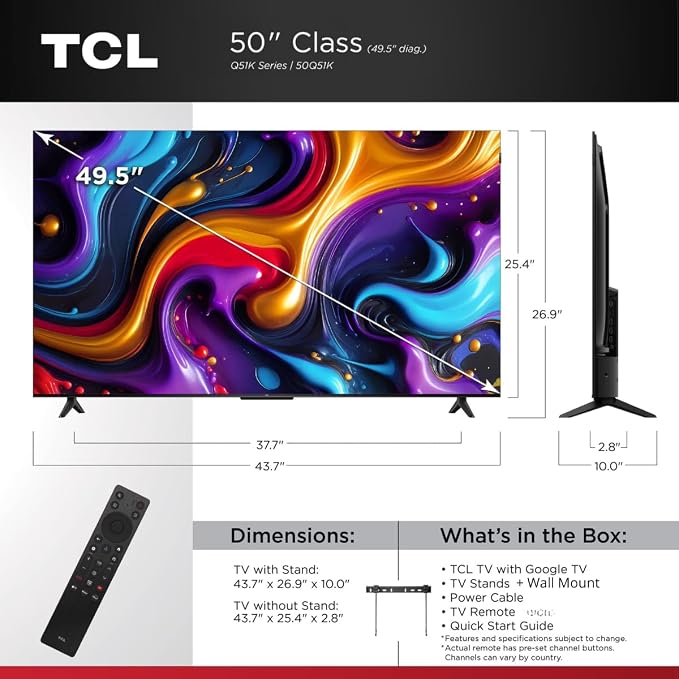 TCL 50" Q51K Q Series Q-LED 4K UHD HDR+ with Google TV Dolby Atmos + DTS Virtual:X, Motion Rate 240, AIPQ Processor, Auto Game Mode, Bluetooth + Free Wall Mount (2025) (Renewed)