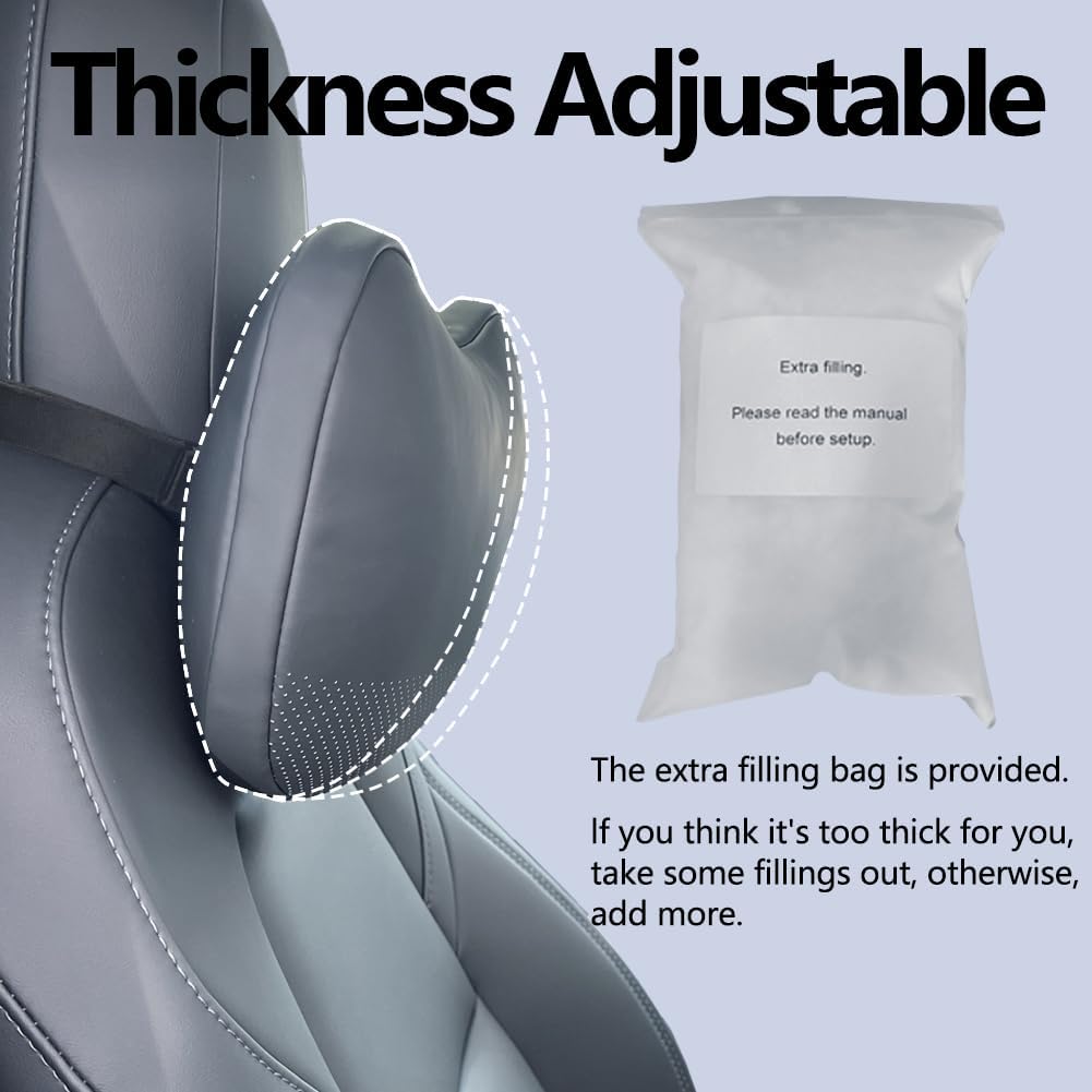 Adjustable Headrest Neck Pillow 2-Pack for Tesla Y/3/S/X/Cybertruck, Black Leather, Under 5'7"