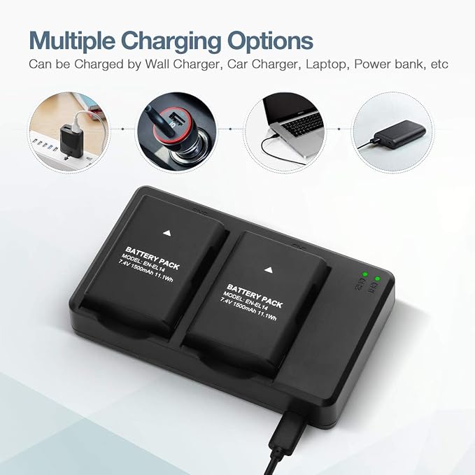 EN-EL14 EN EL14A Battery USB Charger and 2-Pack Rechargeable Batteries