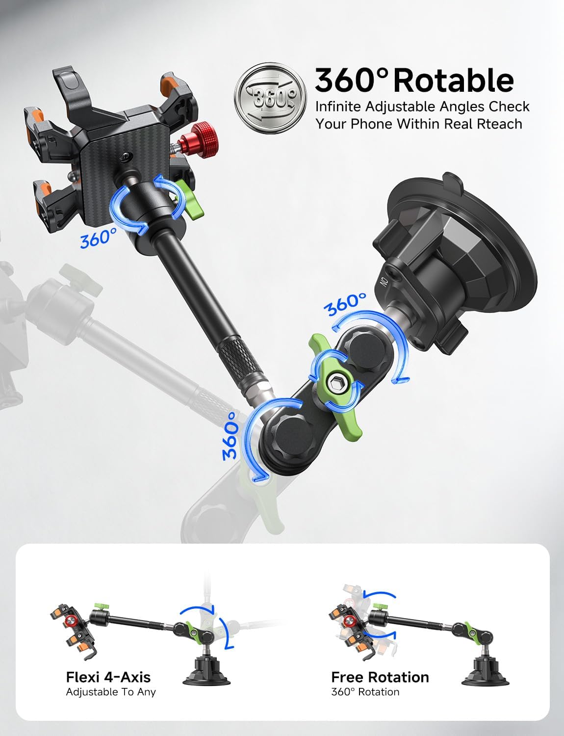 MAGIC JOHN Metal Car Phone Holder 360° Rotation Suction Mount Windshield
