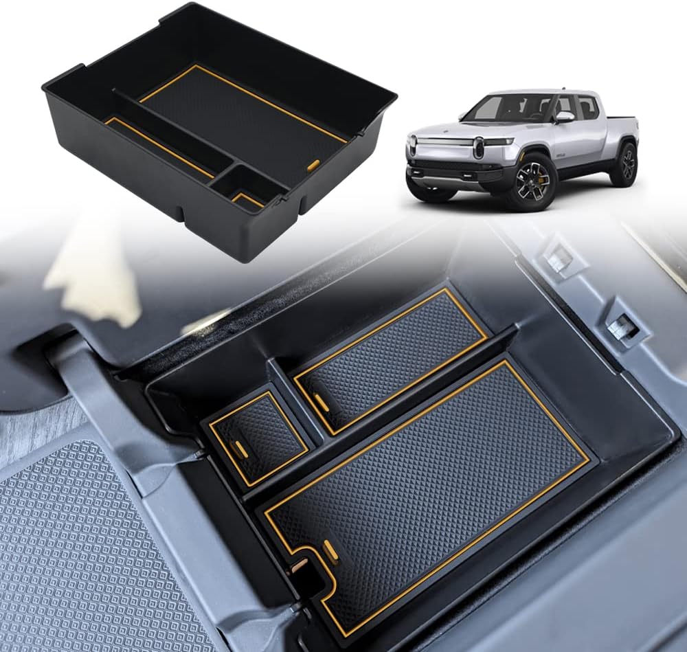BestEvMod for Rivian R1T & Rivian R1S Accessories Center Console Organizer Tray Armrest Storage Box ABS Material with PVC Trim Compatible with Rivian R1T/R1S 2022 2023 2024 2025 Accessories(V2 Black)