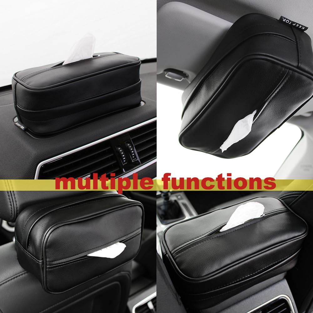 Car Tissue Holder, Travel Napkin Dispenser - PU Leather Fits Most Cars, SUVs, Trucks, and Vans
