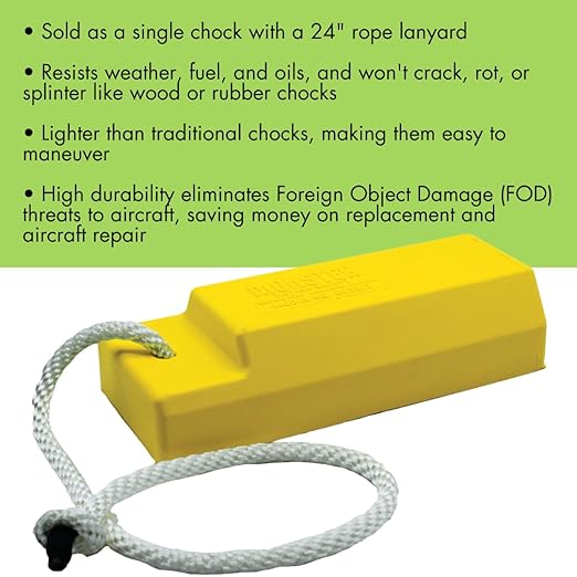 Checkers 18" Airplane Chocks, Aviation Wheel Chocks for Small to Mid-Sized Aircraft, One Tire Chock with Rope Lanyard, Durable Lightweight Urethane, Yellow, AC3518-S