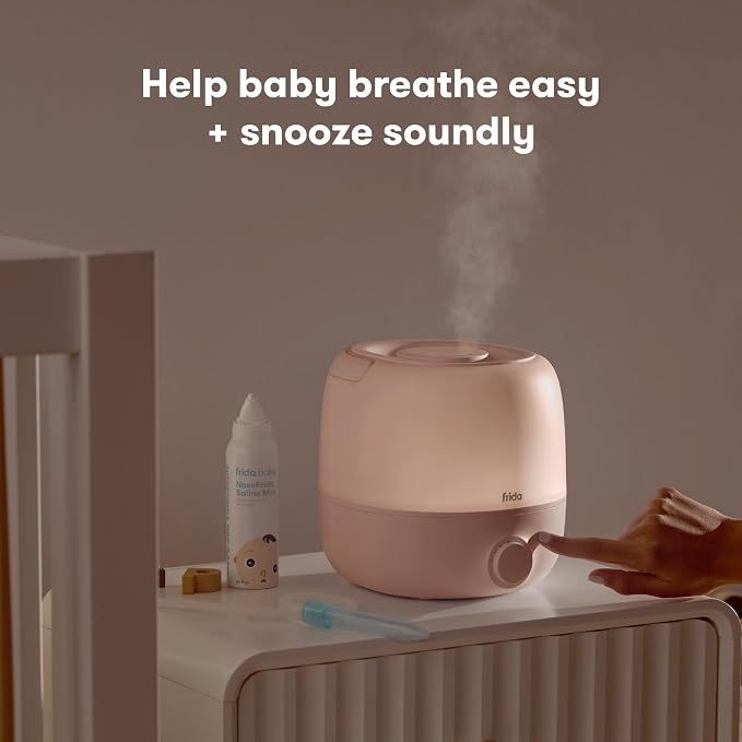 Frida Baby 3-in-1 Cool Mist Humidifier for Large Rooms, Top Fill Humidifier for Bedroom, Allergy Relief, 60 Hour Runtime + Nightlight, Auto Shut-Off, Quiet, Carry Handle, Essential Oil Diffuser