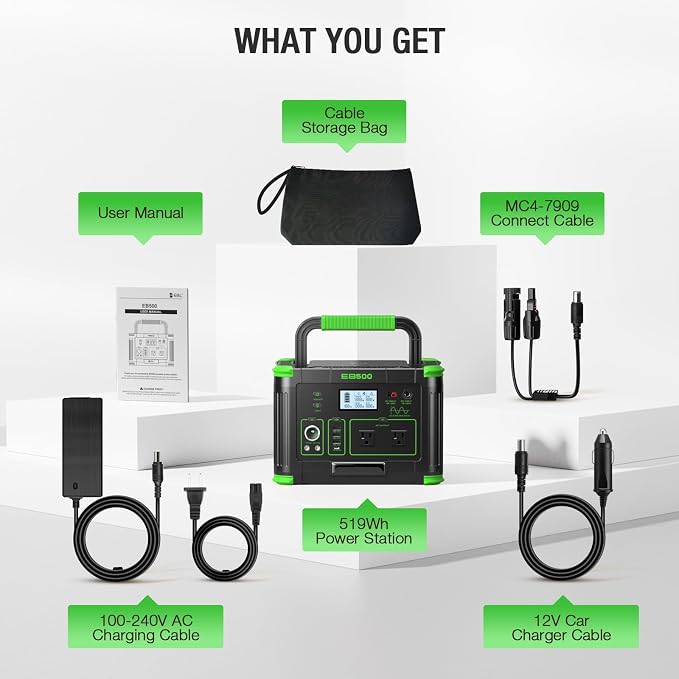 Portable Power Station 500W (Peak 1000W), 519Wh Solar Generator with 2x110V AC Outlets & USB-C PD 60W, 10-Port Power Bank with Wireless Charger for Outdoor Camping, RV Trips, and Home Emergency Backup