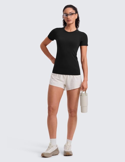 CRZ YOGA Workout Tops for Women - Breathable Seamless Short Sleeve Crewneck Tees in Hip Length