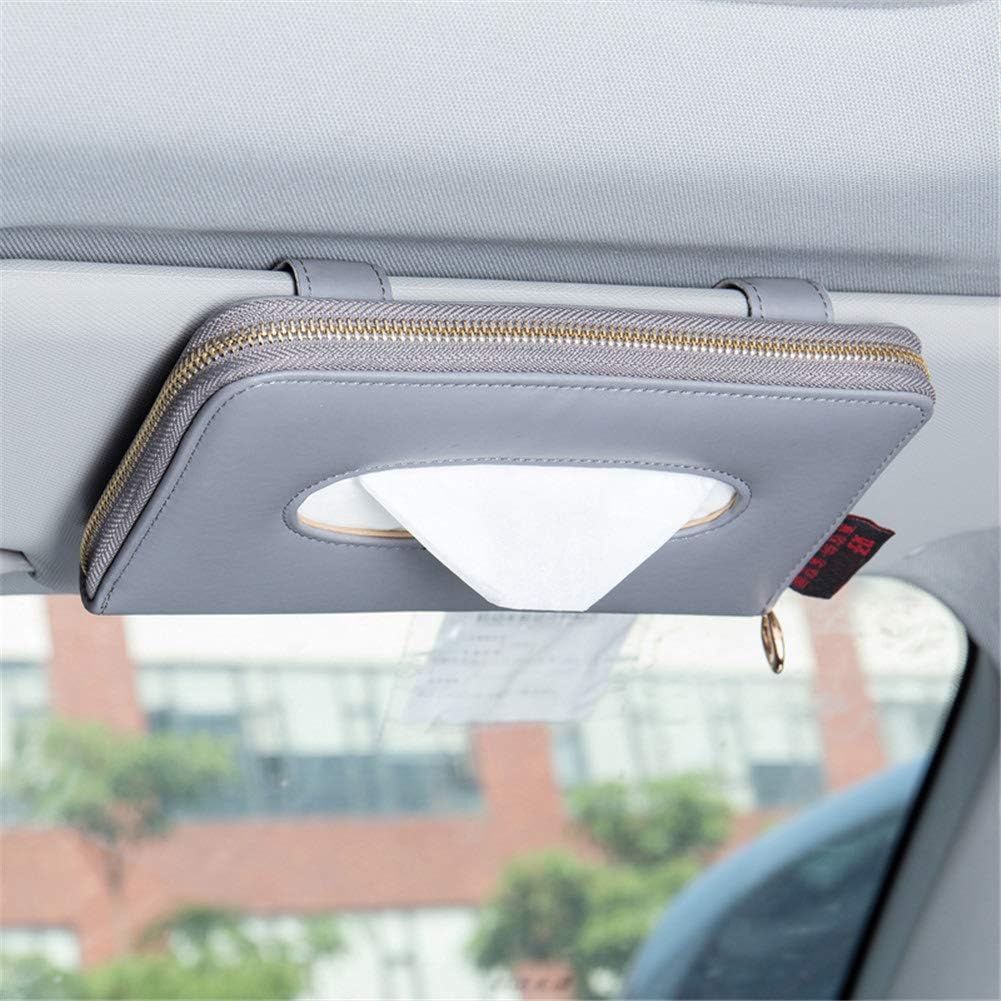Car Tissue Holder, Sun Visor Tissue Holder, Car Visor Napkin Holder, PU Leather Backseat Tissue Case Holder for Auto Vehicle with Zipper (Grey)