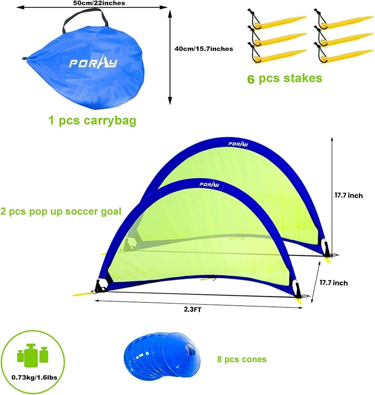Poray Soccer Goal Set - Portable 210D Oxford Soccer Nets with 8 Field Marker Cones & Extra Stakes | Ideal for Kids' Backyard Training