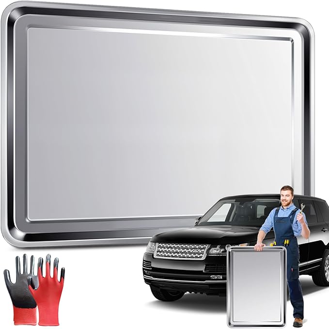 1PCS Oil Drip Pan – Large 31.5 × 19.7 × 1 in Stainless Steel Pan with Gloves – Heavy Duty 410 Oil Drip Pan to Keep Floors Clean for Under Car & Garage Use