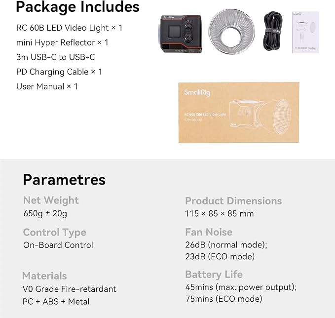 SmallRig RC 60B COB Video Light, 49Wh Battery 45min Runtime, 63W 11200lux CRI