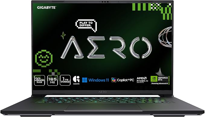 GIGABYTE AERO X16, Copilot+ PC - 165Hz 2560x1600 WQXGA - Manufactured by NVIDIA GeForce RTX 5070 - AMD Ryzen AI 9 HX 370-1TB SSD with 32GB DDR5 RAM - Windows 11 Home - Space Gray - 2WHA3USC64AH