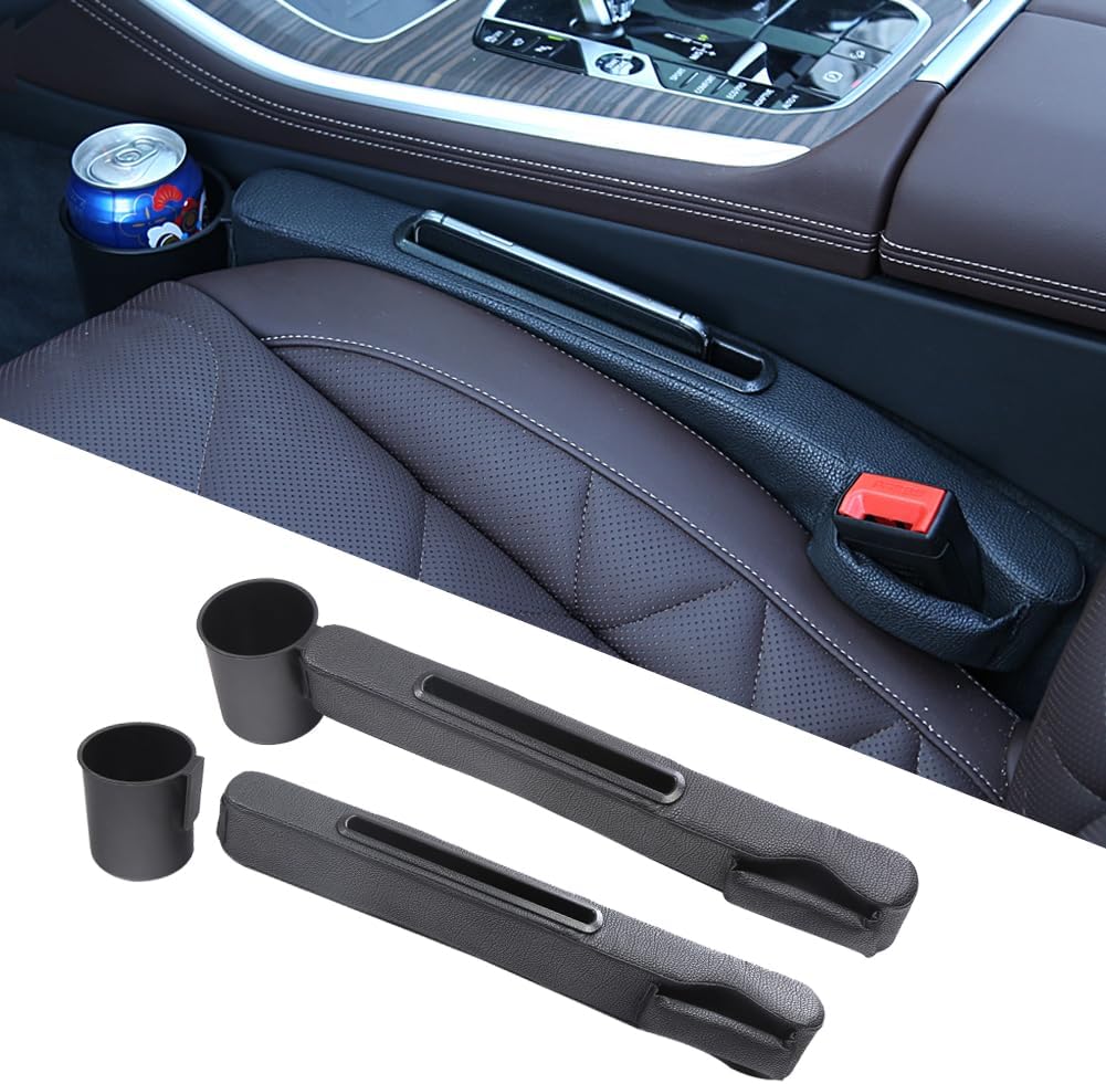 Advanced 3in1 Car Seat Gap Filler with Pocket Organizer and Removable Cupholder,Console Side Pocket Organizer,Car Seat Gap Pad for Cellphone Coin Key,Stopper and Blocker,PU Leather,2 Packs