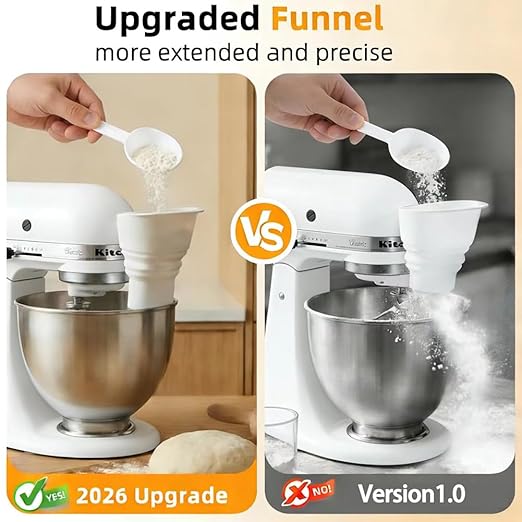 2026 Upgraded No-Mess Flour Funnel for KitchenAid Stand Mixer with Scoop and Cleaning Brush, Foldable Silicone Pouring Chute for 4.5-5 Qt Tilt-Head KSM150 Artisan, Splash-Proof Set, Dishwasher Safe