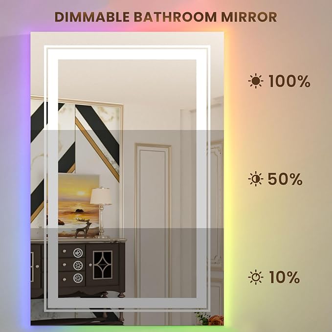 WTTY RGB LED Bathroom Mirror 30"x36" with Backlit and Front Light,Stepless Dimmable LED Mirror for Bathroom,Lighted Bathroom Vanity Mirror for Wall,Anti-Fog,Memory Function,Shatter-Proof