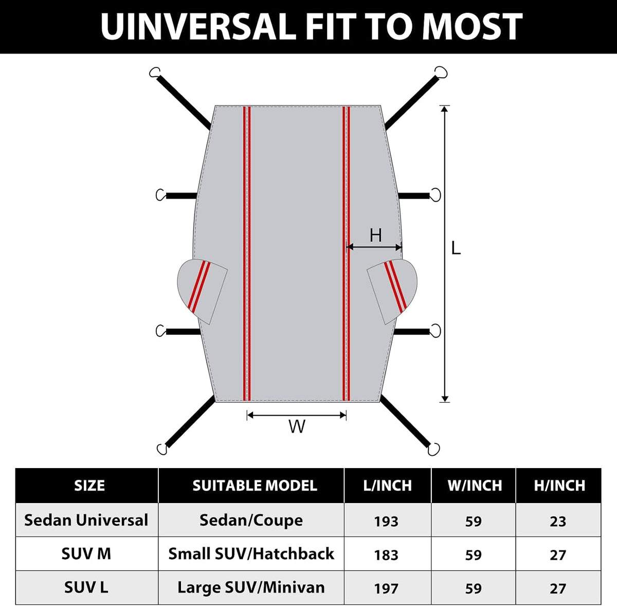 Half Car Cover Sedan,Top Cover with Red Reflective Strip, Hail Protector Car Cover with Cotton Liner, Sunroof & Windshield Cover for Ice and Snow, All Weather Car Body Cover for Sun, Rain, Dust