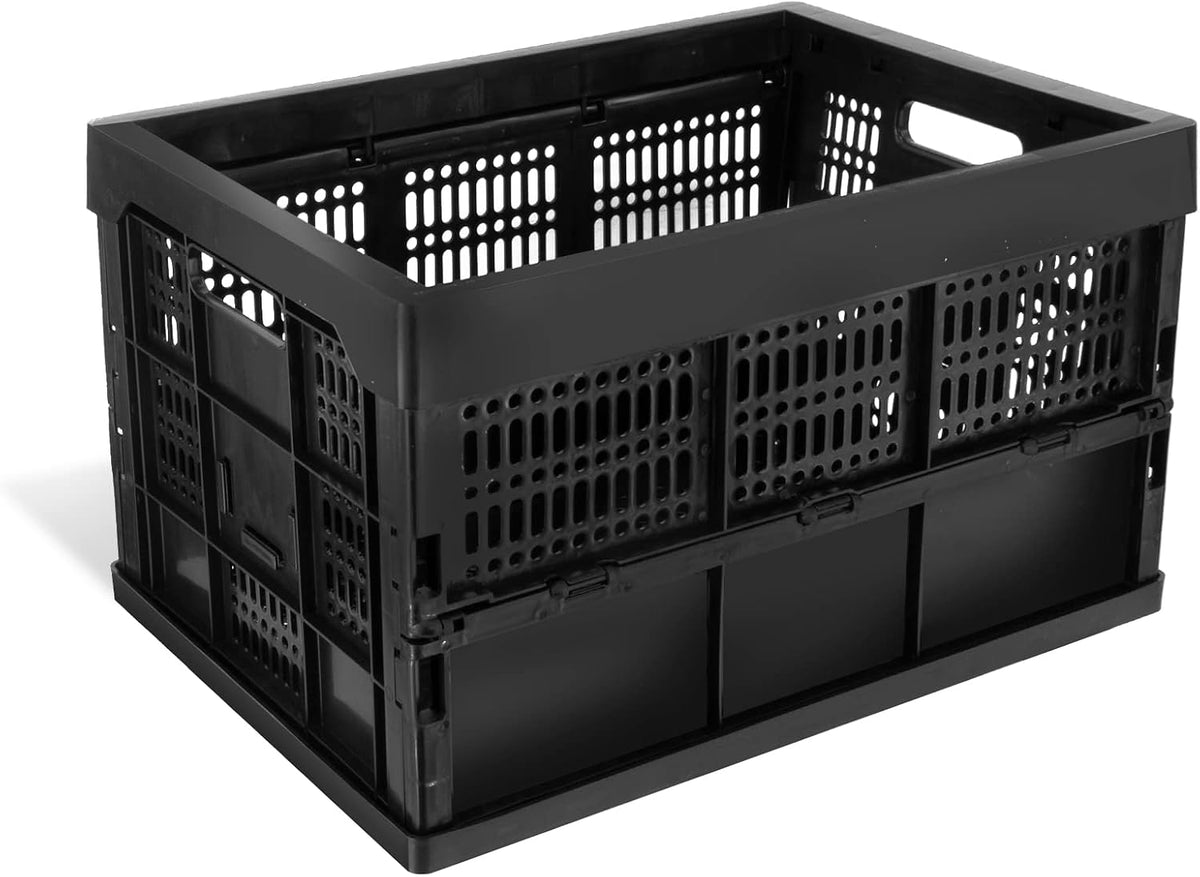 52L Collapsible Heavy Duty Storage Bin/Container, Stackable Folding Plastic Bin, Grated Wall, Utility (1, Square, 52, Liters, Bin Grey)