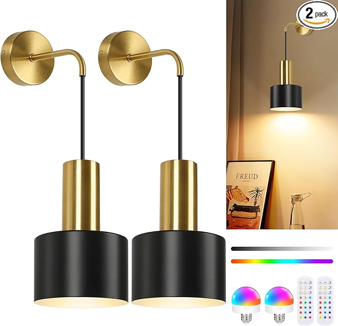 VerRon Rechargeable Battery Operated Wall Sconce Set of Two, Gold & Black Wireless Battery Powered Lights with Dimmable Detachable Bulbs & Remote, Modern Sconces Wall Decor for Bedroom Living Room
