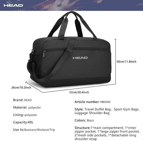 HEAD Waterproof Duffel Bag - Large Lightweight Gym Bag for Men | Durable Sports Duffle for Travel, Black