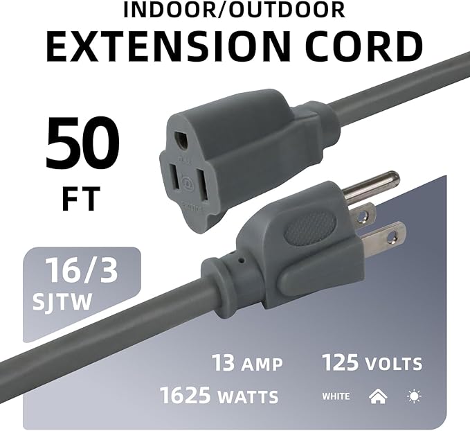 EP 50 Ft Outdoor Extension Cord - 16/3 SJTW Gray Electrical Cable with 3 Prong Grounded Plug