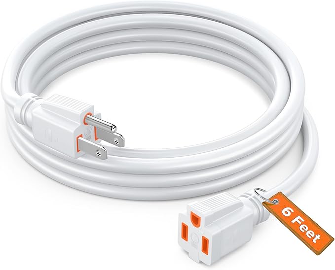 Maximm Extension Cord 6 Ft White Power Cords Indoor 16 Gauge Wire SJTW Heavy Duty ETL Listed (6Ft, White with Orange Indicators)