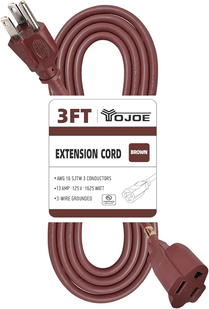 YOJOE Extension Cord, 3 Prong 13A Weatherproof Power Cord, 16 Gauge Heavy Duty 3 ft Brown Extension Cord for Garage, Garden and Home, 16/3 SJTW UL Listed