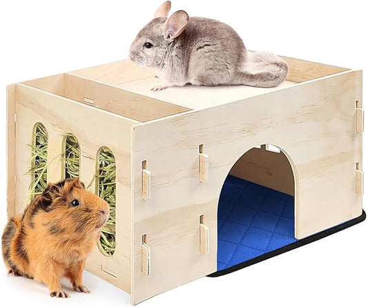 Guinea Pig Hideout with Hay Feeder & Absorbent Mat, Wooden Chinchilla House with Multiple Window, Small Animal Hut Castle for Dwarf Rabbit