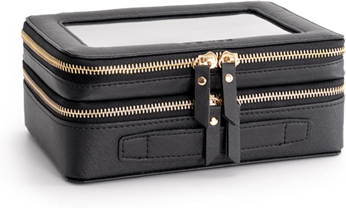 Aveniee XL Clear Makeup Organizer,Double Layer Travel Cosmetic Case with Brush Holder & Zippered Compartments,Big Toiletry Bag for Travel Accessories,2 Layers Large,Black