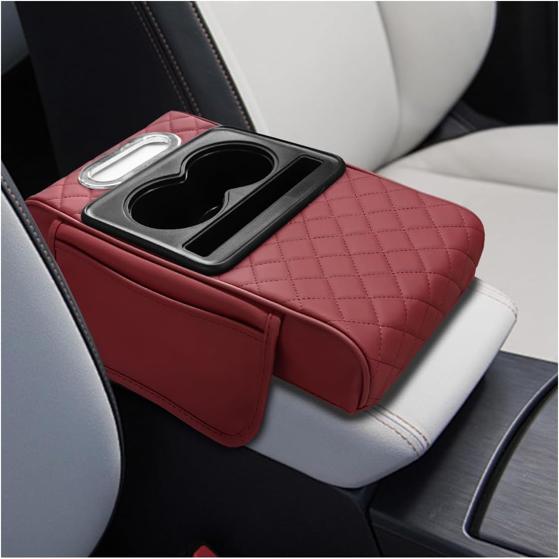 Leather Car Center Console Cover, Armrest Booster Cushion,BlackRed