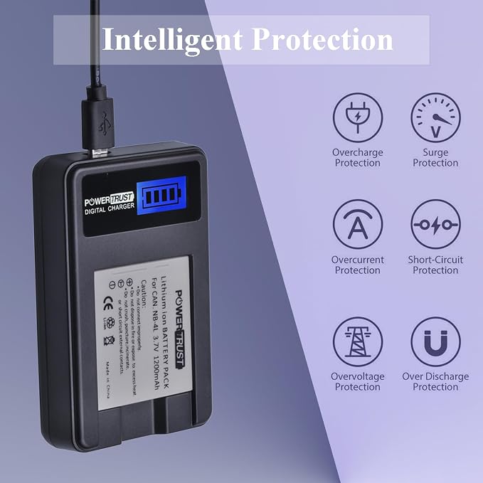 2-Pack 1200mAh 3.7v NB-4L Battery and LCD USB Charger