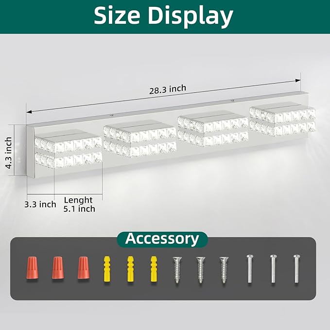 OKELI Crystal Vanity Lights LED Bathroom Vanity Light Fixture Over Mirror Modern Indoor Mirror Front Lamp, 6000K Cold White Dimmable, 4-Lights, 24W, ETL Listed