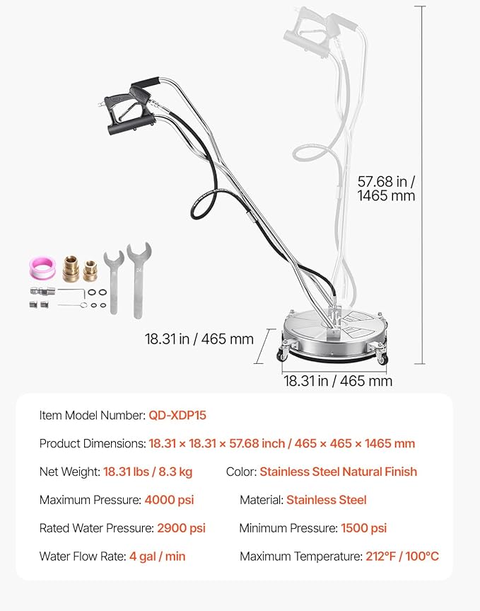 VEVOR 18 Inch Pressure Washer Surface Cleaner, 4000 PSI Stainless Steel Attachment with 4 Wheels, 2 Nozzles, 3/8 Inch Quick Connect and Dual Handle for Concrete, Patio, Sidewalk