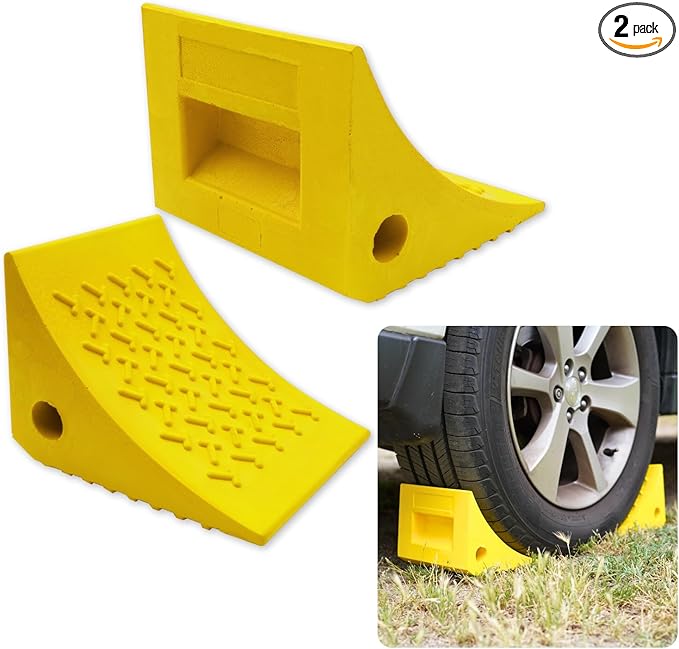 SECURITYMAN Heavy Duty Wheel Chocks (2 Pack) - Durable, Non-Slip, Solid Rubber Wheel Chocks for Boat Trailers, RV, Truck, Camper - Grip on All Surfaces - Trailer Wheel Chocks - Yellow