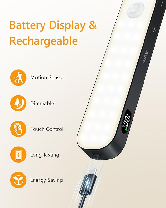Ferswe Motion Sensor Light Indoor Rechargeable, Battery Level Display, 60 LED Motion Sensor Closet Lights, Dimmable Touch Control, Under Cabinet Lights for Kitchen, Closet, Cupboard(2 Pack)