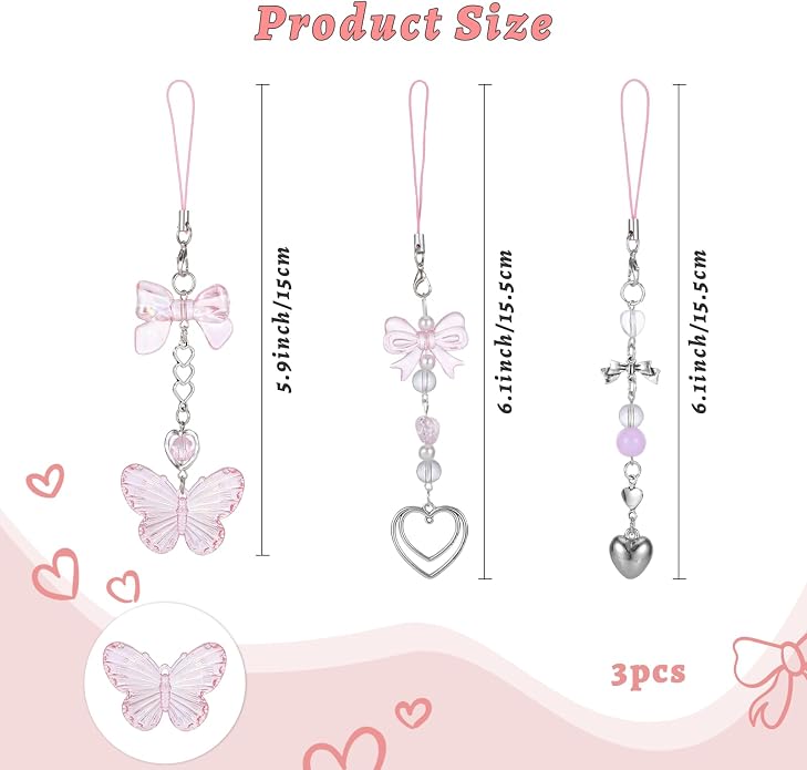 Pink Beaded Phone Wrist Straps, Y2K Phone Case Charms Camera Charm Strap