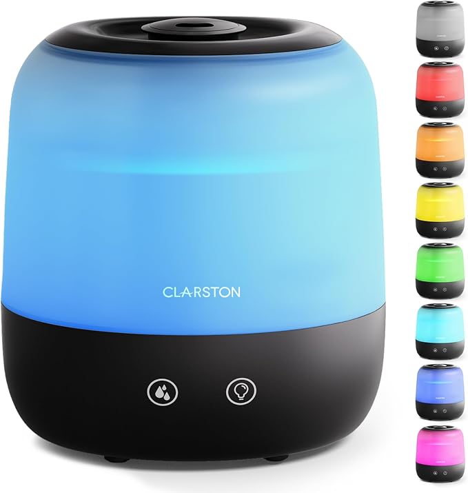 Clarston Humidifiers for Bedroom, 2L Top Fill with 360° Nozzle for Large Room, 7-Color Night Light, 24dB Quiet Cool Mist Air Humidifier for Baby Nursery & Plants, No BPA, Auto Shut Off, Easy to Clean